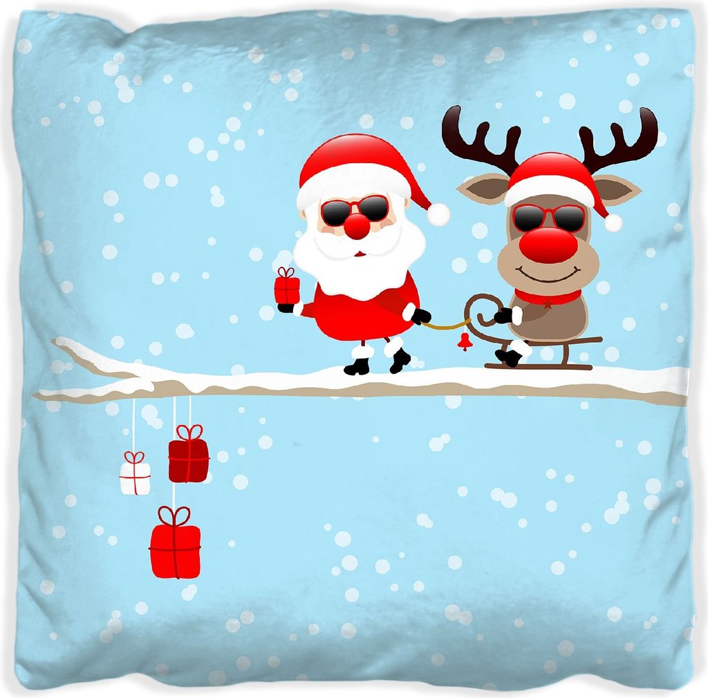 Wallario Premium Kissen, weiche Oberfläche, mit Motiv Cooler Weihnachtsmann mit Rentier auf einem Ast, Größe: 30 x 30 cm, mit weißer Rückseite