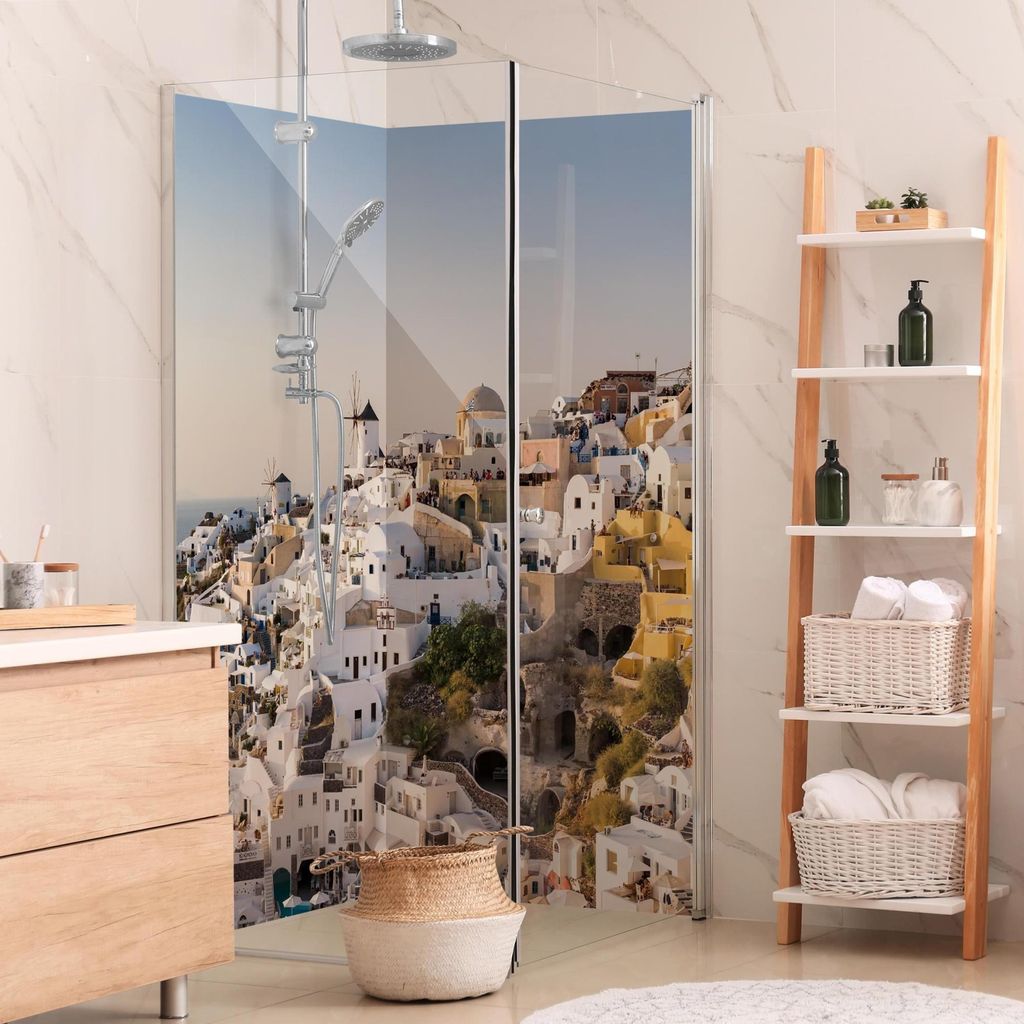 Duschrückwand Strand selbstklebend - 0.61 mm Wandpaneel wasserfest Architektur weiss Motiv Badrückwand fugenlos Premium matt 100x200 cm