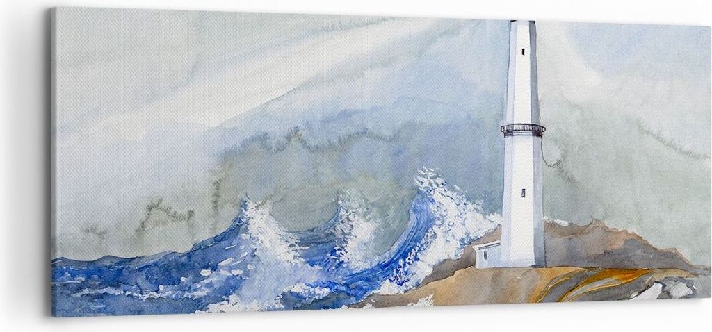 Bild auf Leinwand - Leinwandbild - Leuchtturm Wasser Illustration Welle - 120x50cm - Wand Bild - Wanddeko - Leinwanddruck - Bilder - Kunstdruck - L...