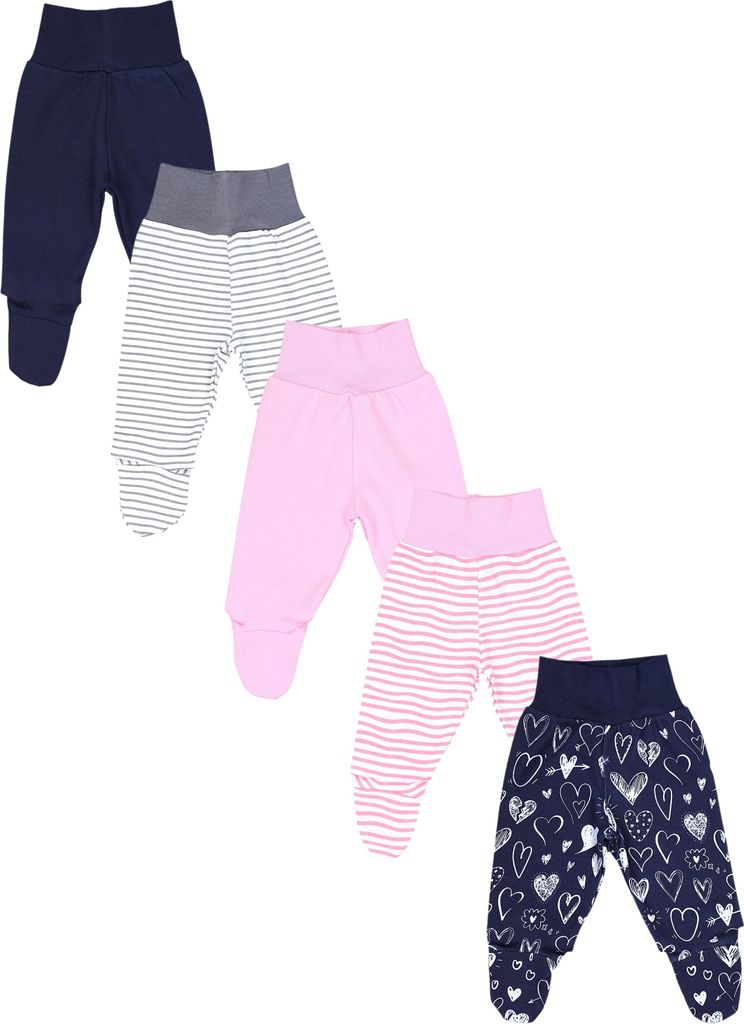 TupTam Baby Strampelhose Jungen Mädchen Hose mit Fuß 5er Pack, Farbe: Pink Streifen Blau Herzen Grau, Größe: 50