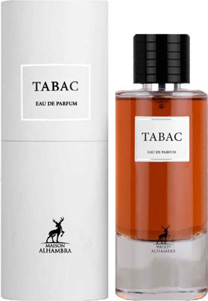 A perfume bottle and its cylindrical packaging are displayed side-by-side against a white background.