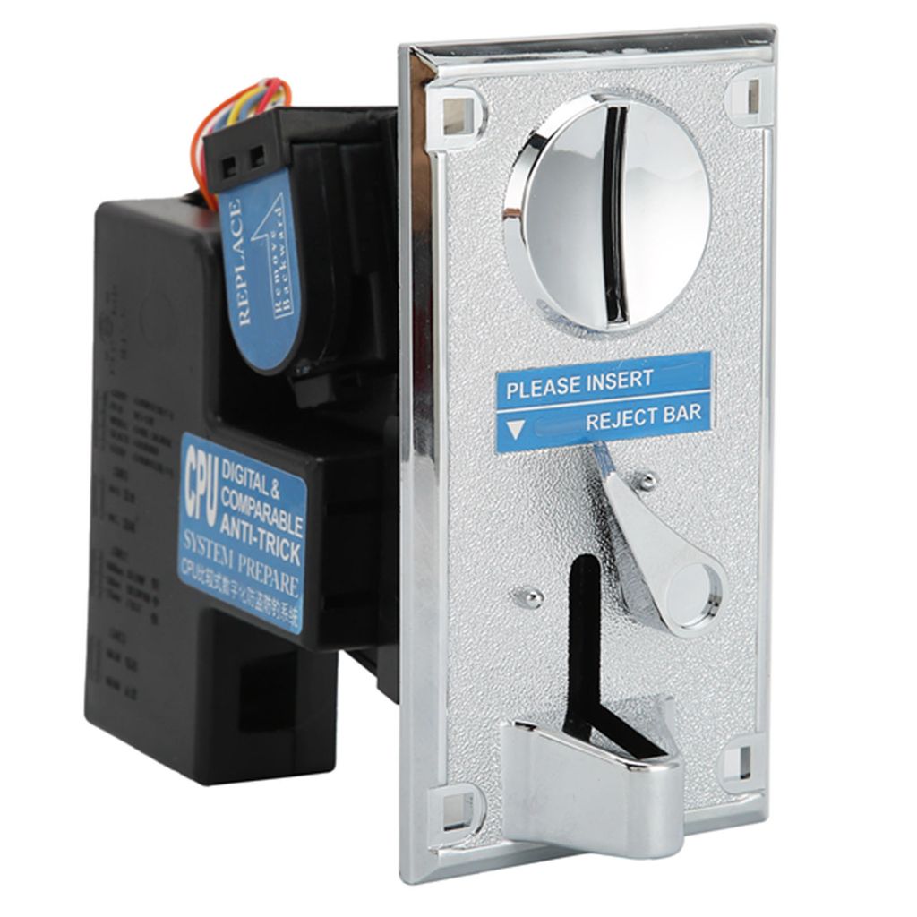 A coin validator with a black housing and a silver front panel, set against a white background.