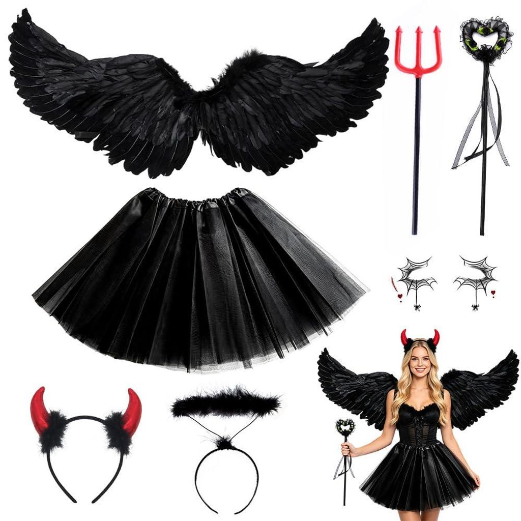 Halloween Kostüm Damen 7-teilig, Teufel Engel Set, Produktbild 