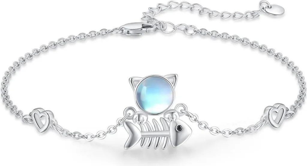 Bracelet Chat Argent 925 Anti-allergie et Pierre de Lune pour Peau Sensible
