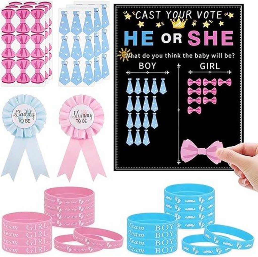 77-Set für Baby-Shower-Party mit Stemposter-Stickern, Armbändern und Geschenkbeuteln