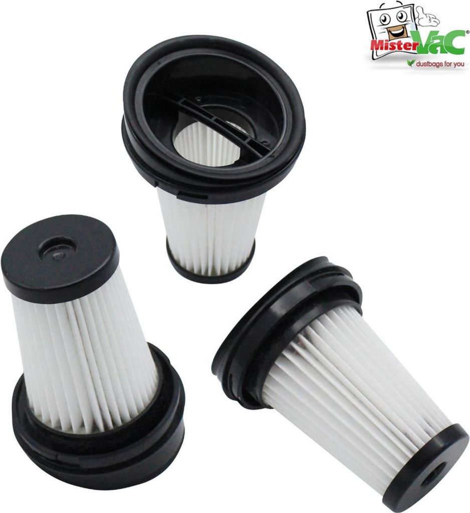 Three vacuum cleaner filters are arranged on a white background, with a logo in the top right corner.