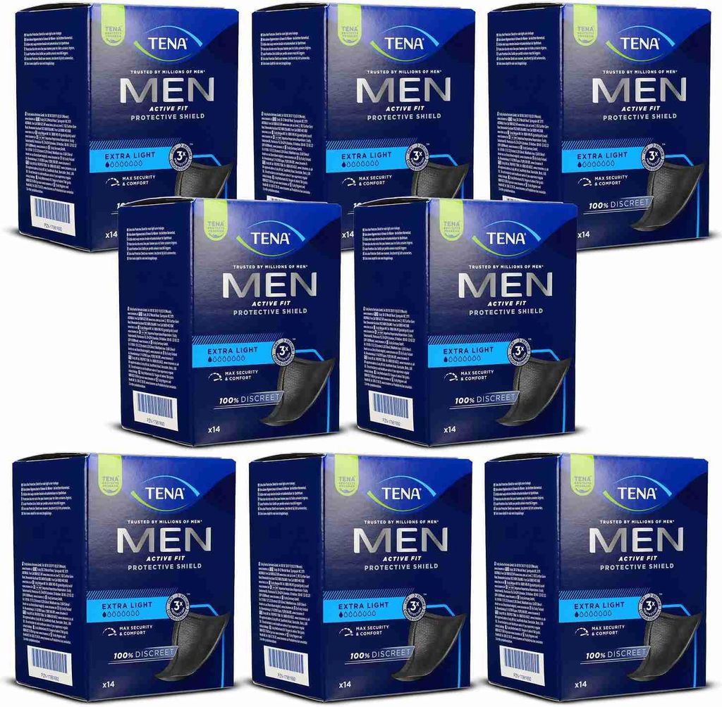 A collection of TENA Men Active Fit protective shield packaging.