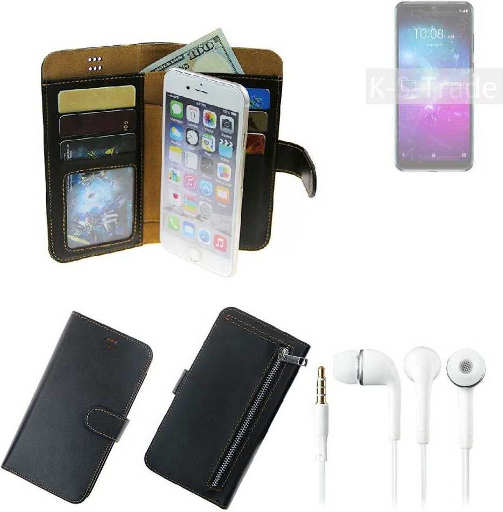 TOP SET Handy Hülle Schutz Hülle kompatibel mit ZTE Blade A5 2020 schwarz aus Kunstleder + Kopfhörer Smartphone Tasche vollwertige Geldbörse