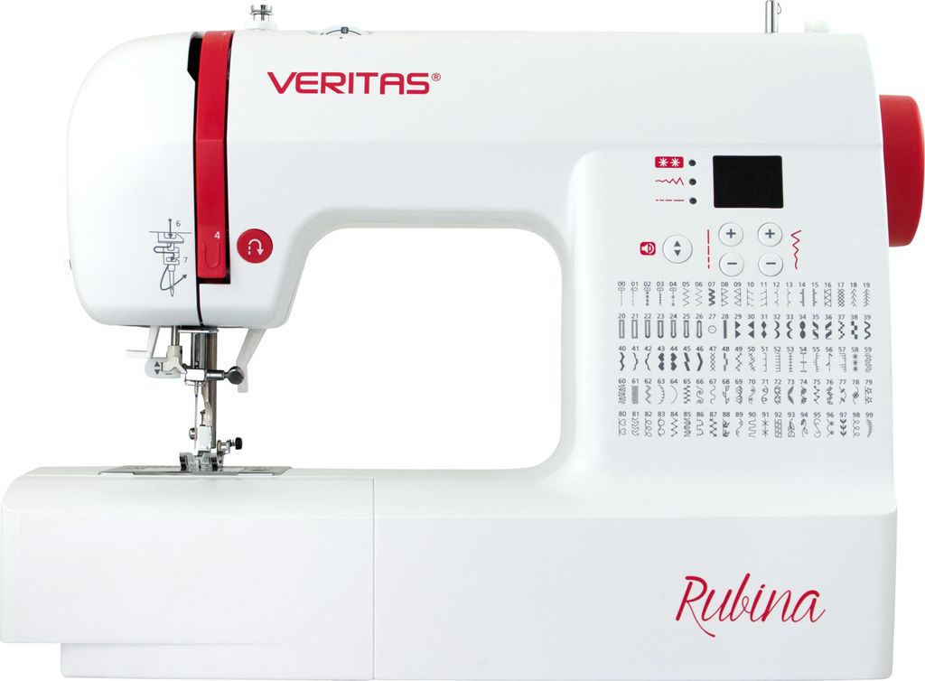 A white Veritas Rubina sewing machine with red accents, displayed from a side-front angle against a plain white background.