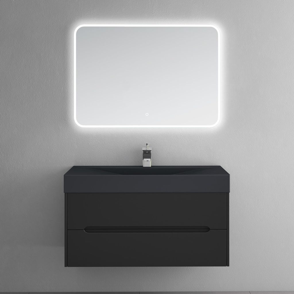 doporro Waschbeckenunterschrank Waschtisch mit Unterschrank Wandmontage matt schwarz, BTH: 100x48x56 cm, inkl. Mineralguss-Waschbecken und LED-Spie...