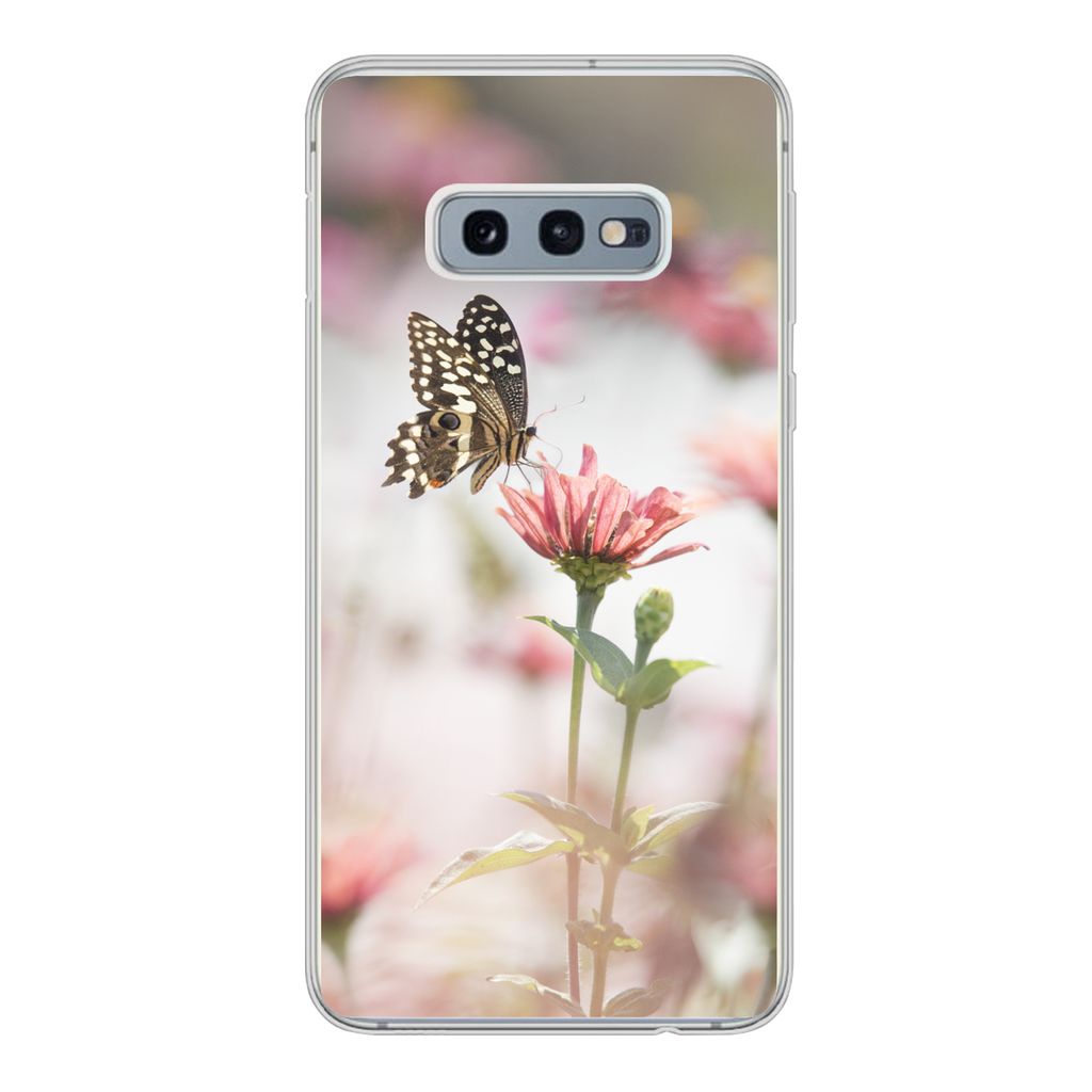 MuchoWow Handyhülle Schutzhülle Hülle für Samsung Galaxy S10e Schmetterling - Blume - Rosa Silikon Softcase Handy Hülle - Handy