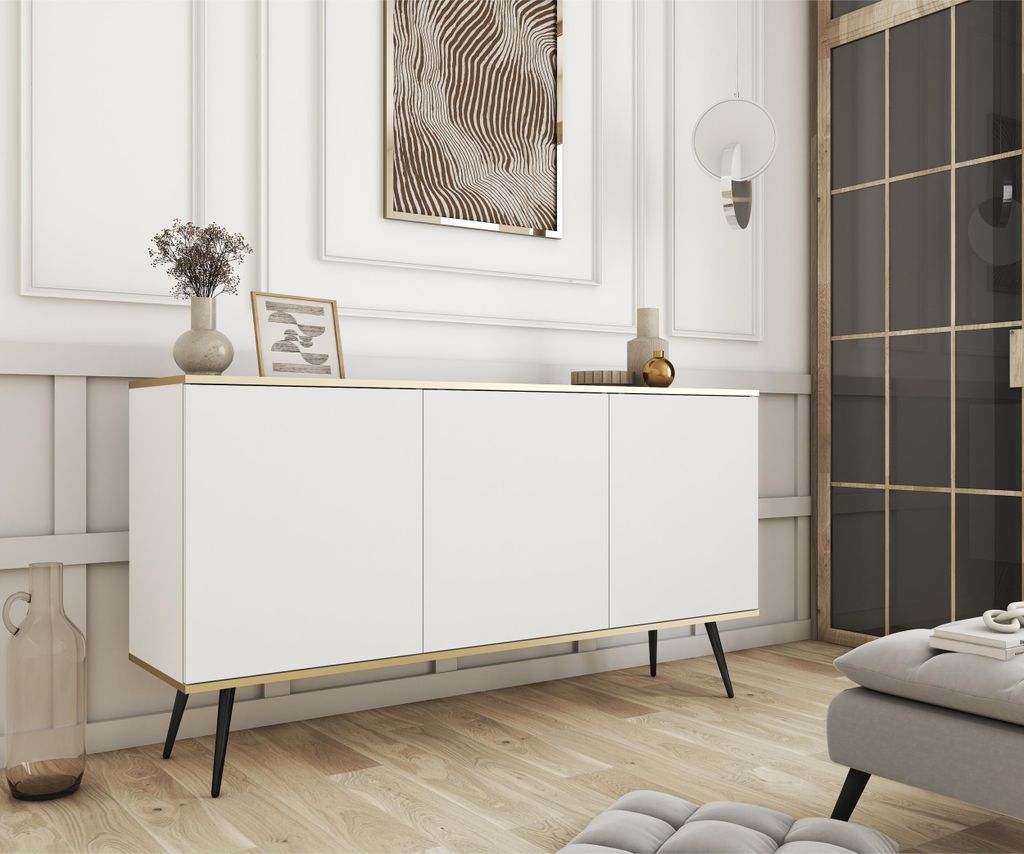 3-türig Kommode Glow im glamour Stil Schrank mit Regalen 160 cm Breit modern Sideboard mit goldenen Zusätzen, Farbe: Farbe: Weiß, Schwarz