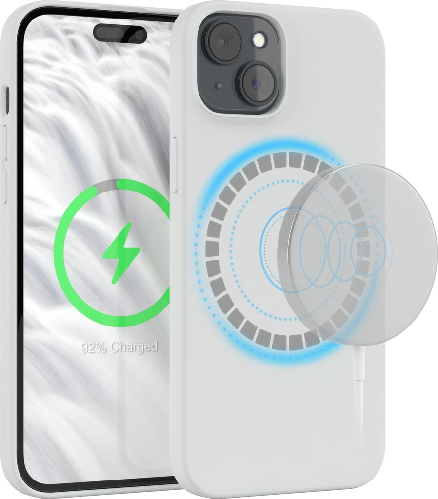 EAZY CASE Silikon MagSafe Handyhülle kompatibel mit Apple iPhone 15 Plus Hülle mit Kameraschutz, Silikonhülle, Schutzhülle Weiß
