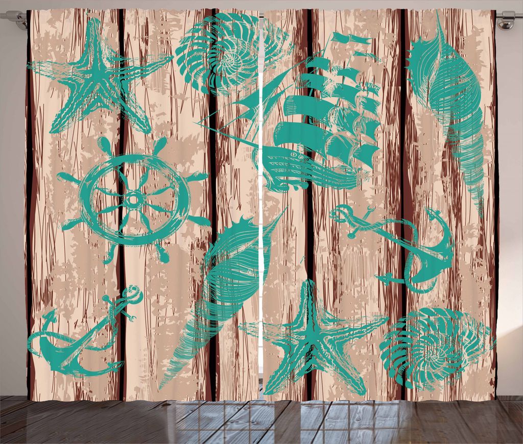 ABAKUHAUS Nautisch Rustikaler Vorhang, Shell Helm und Schiff, Wohnzimmer Universalband Gardinen mit Schlaufen und Haken, 280 x 225 cm, Türkis und ...