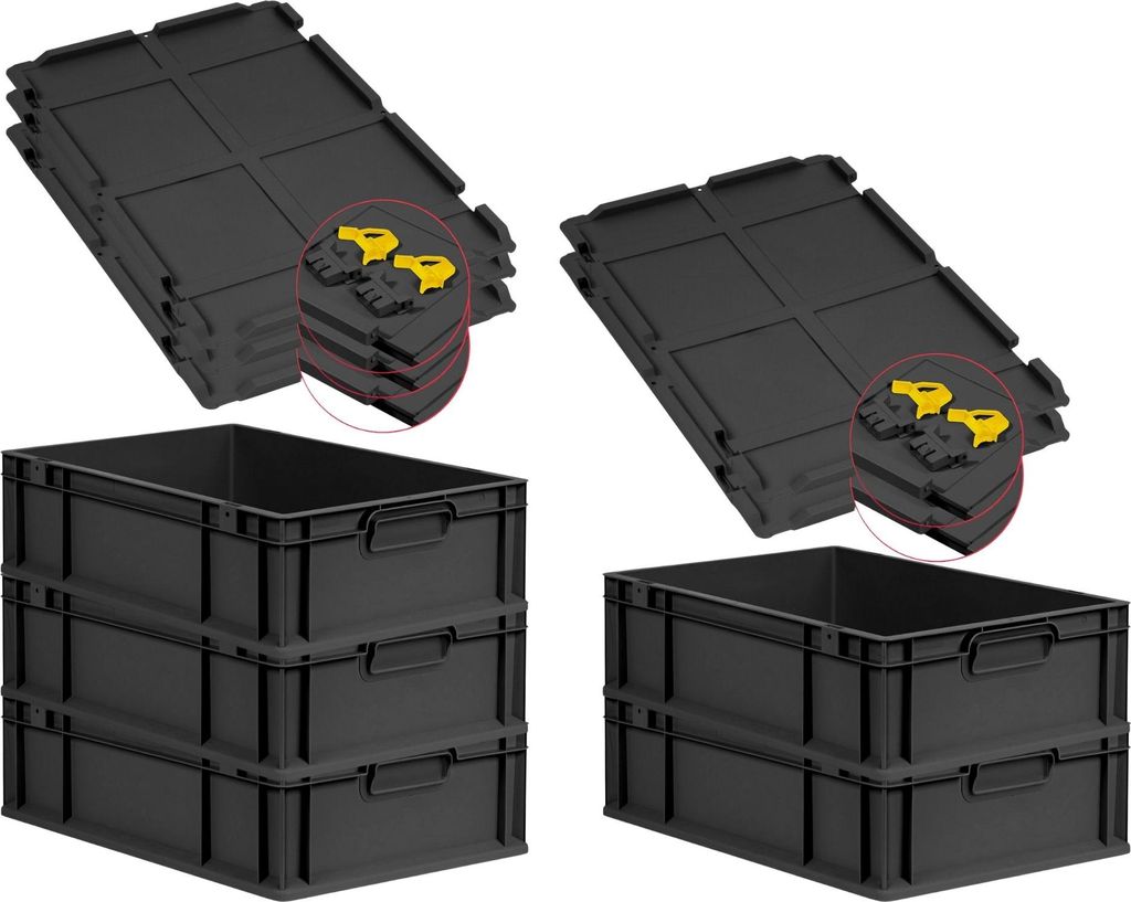 SuperSparSet 5x Eurobox NextGen Grip mit Scharnierdeckel und gelben Schiebeschnappverschlüssen | HxBxT 17x40x60cm | 34 Liter | Schwarz | Griffe ge...