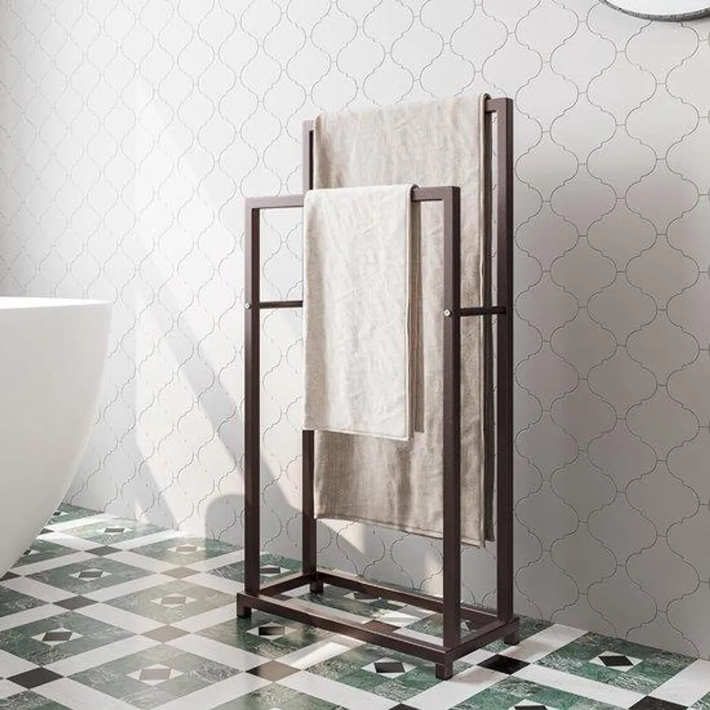 Porte-serviette salle de bain double barre bronze, support autonome