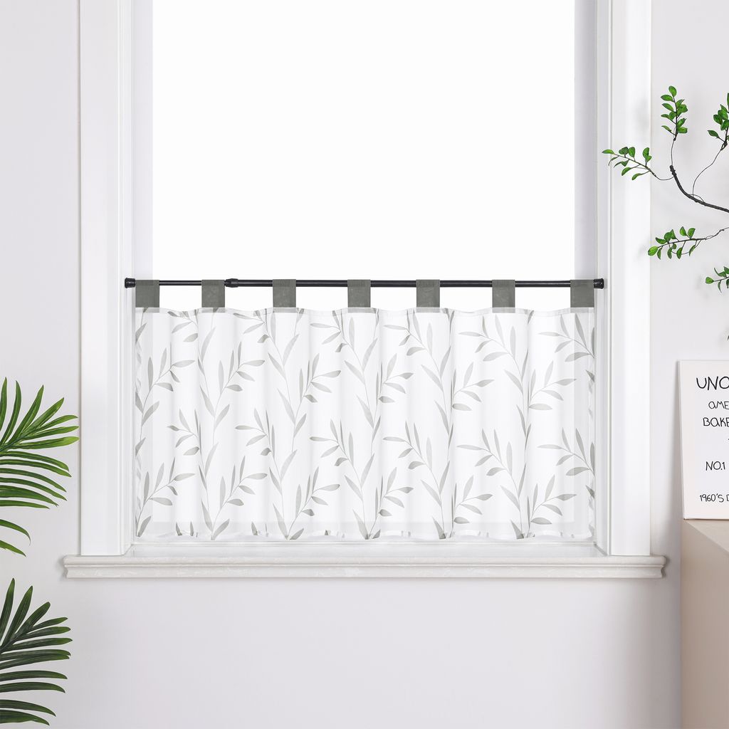 Delien Scheibengardine mit Schlaufen Modern Bistrogardine Küchengardinen Landhausstil Kurzstores mit Blätter Muster Cafehausgardine Grau HxB 30x1...