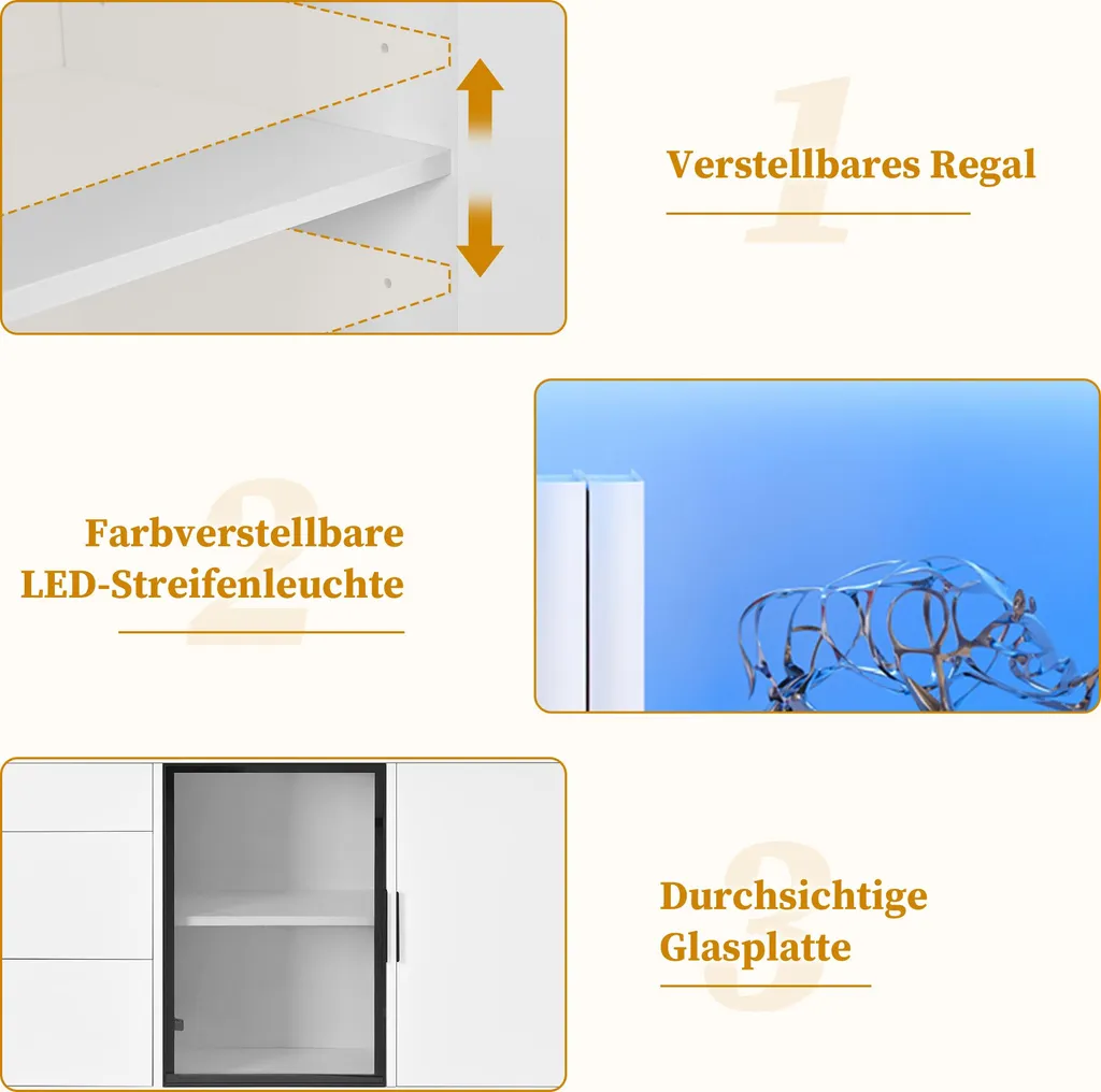 Buffet Merax blanc avec éclairage LED et 3 tiroirs design moderne - 9