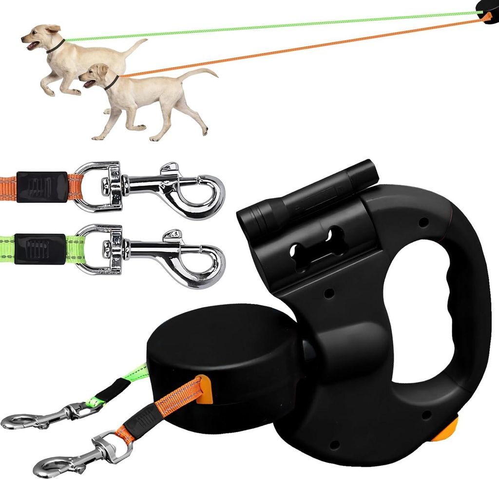 Dunkelblaue Hundeleine, 3M Einziehbare Hundeleine, Doppelköpfige Handhaltung, Doppelleine für Zwei Hunde, mit LED Licht und Müllbox