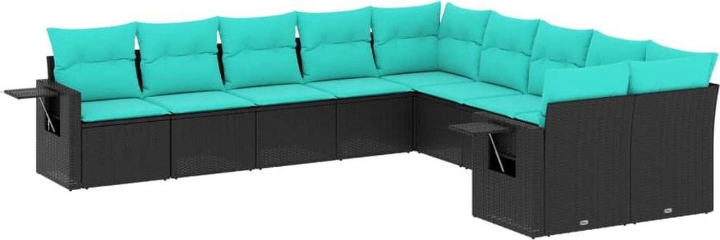 vidaXL 10-teiliges Gartensofa-Set mit Kissen, schwarzes Polyrattan