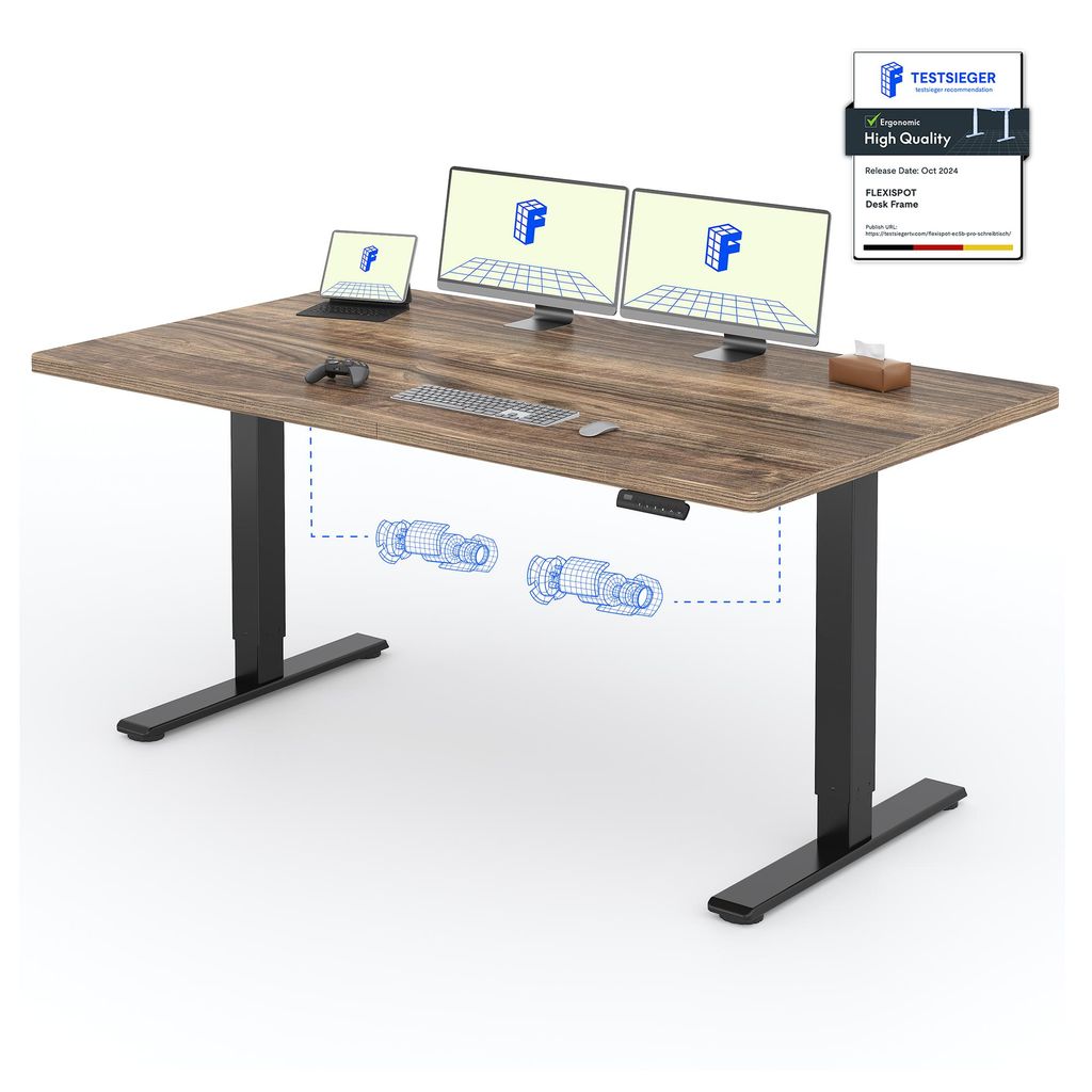 An adjustable standing desk with a wooden top and black legs, shown with two monitors, a laptop, and a keyboard.