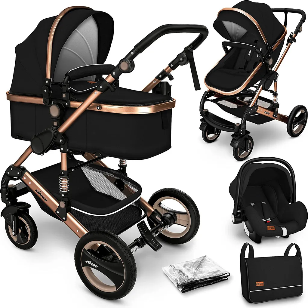 Kiduku Poussette Combinée 3 en 1 Noire avec Cosy et Nacelle évolutive