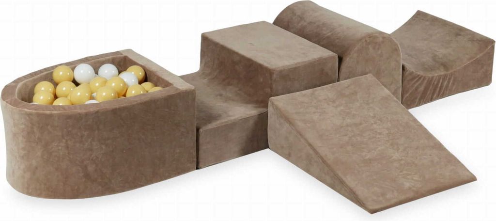 Schaumstoff-Spielset mit Hügel und Mikro-Bällepool – Samtig weiches Dunkelbeige + 100 Bällebadbälle / weiß, beige