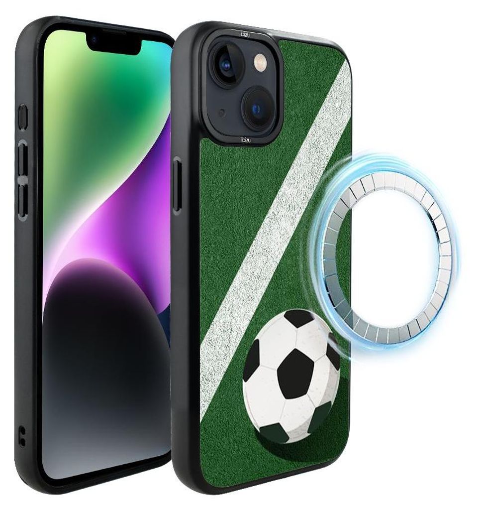 Schutzhülle für das iPhone 14 Plus, MagSafe-kompatibel, mattschwarze Seiten, Fußball, Spielfeld