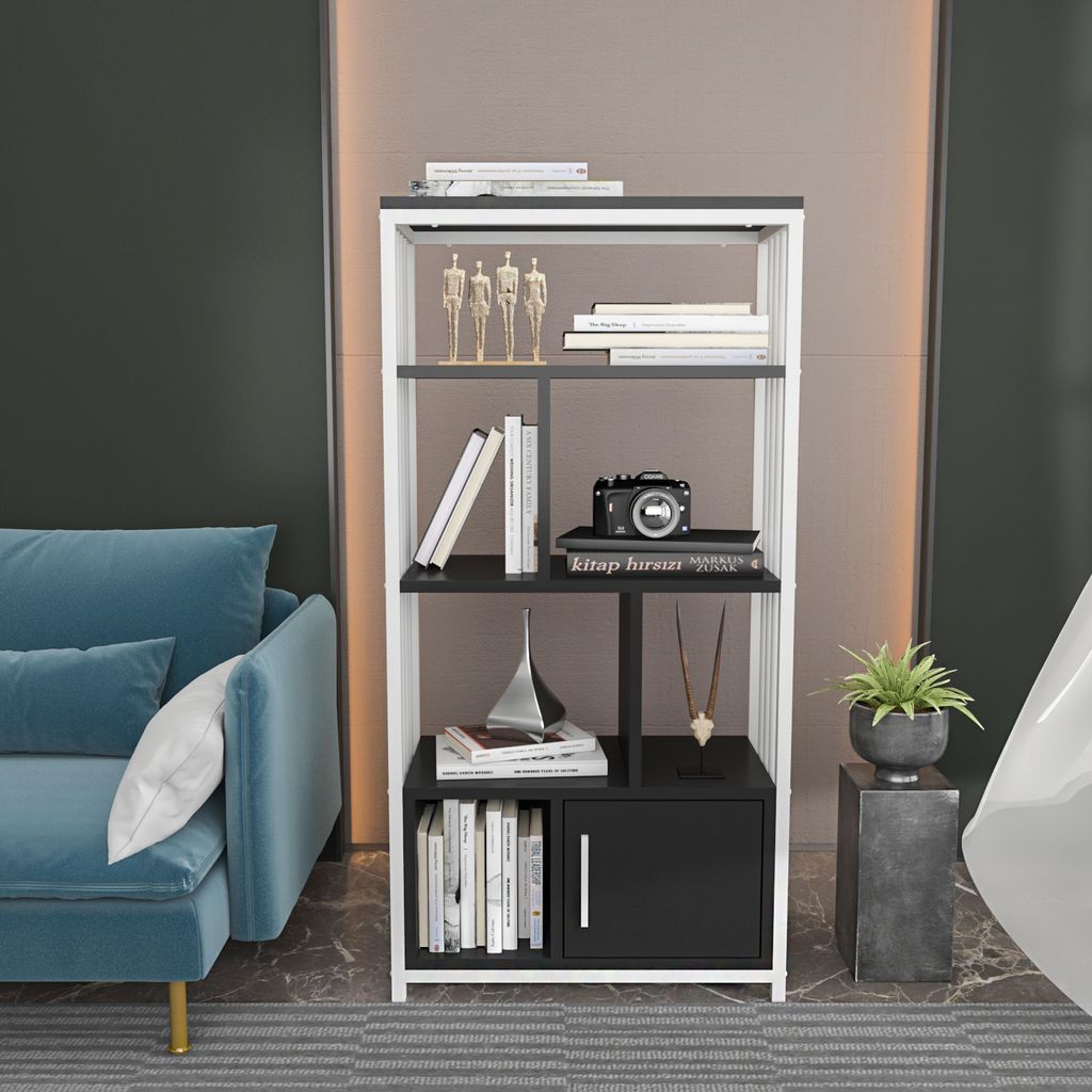 Decorotika Volare Bücherregal mit Metallstruktur und Metalldetails, Höhe 120 cm | Weiß & Schwarz
