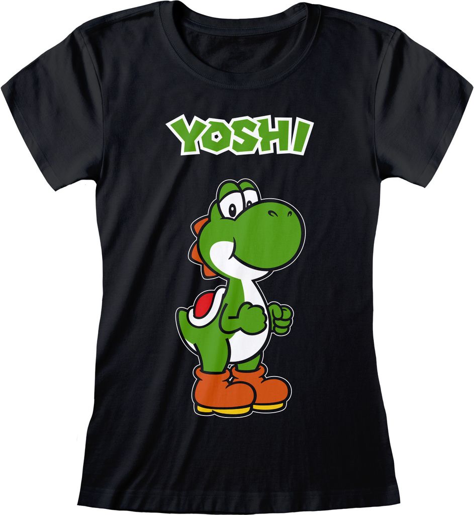 Nintendo Super Mario - Yoshi Name Tag Womens Black Fitted T-Shirt - Größe L