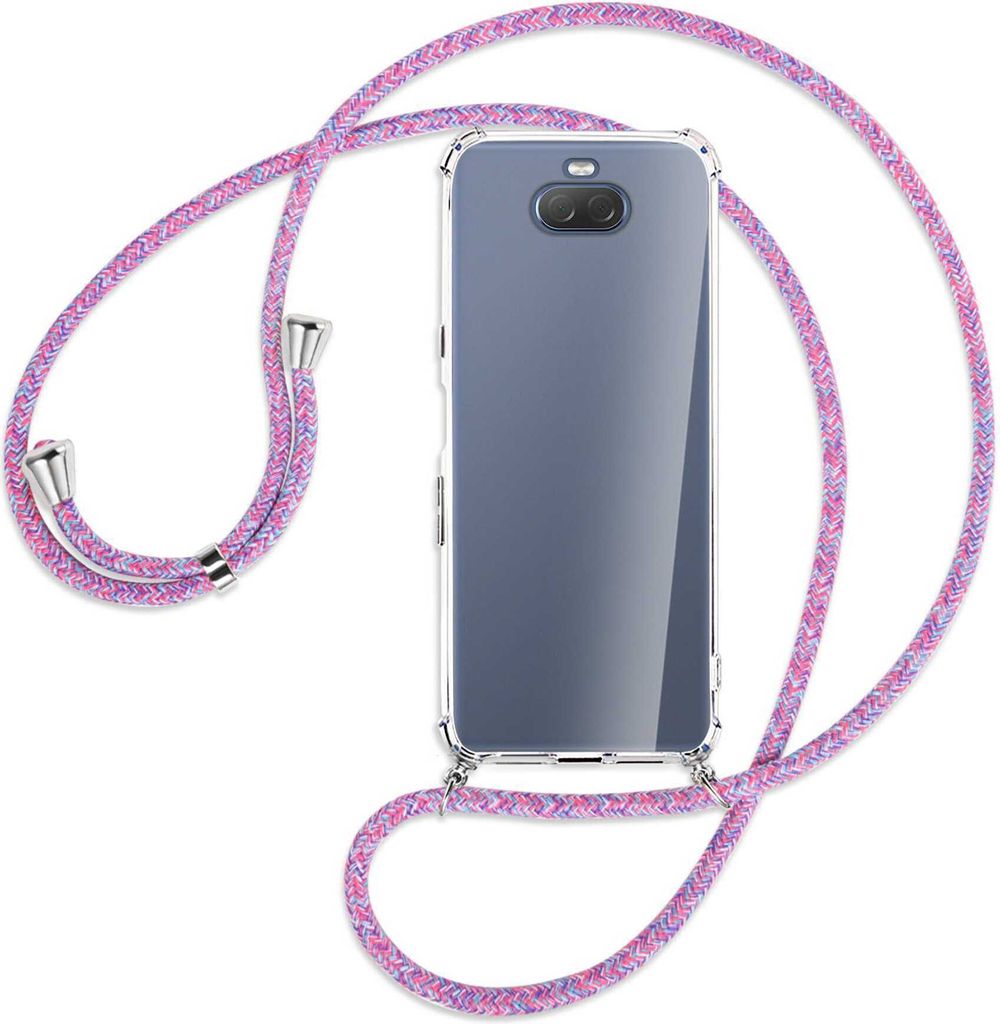 Handykette Backcover-Schutzhülle mit Band (Metall silberfarben) für Sony Xperia 10 - lila/rosa/blau