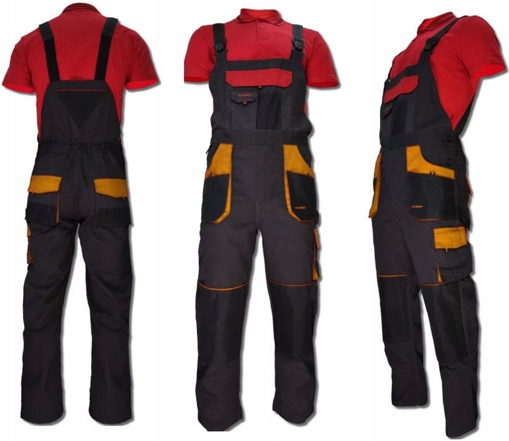 Three views of a work overall and shirt set.