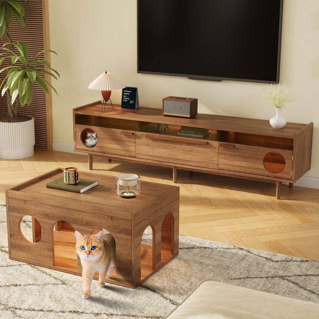 MODFU 2-teiliges TV-Schrank-Set Kombinationsmöbel mit TV-Schrank und Couchtisch,Haustier-Möbel mit Katzenkorb und LED-Beleuchtung,Nussbaum