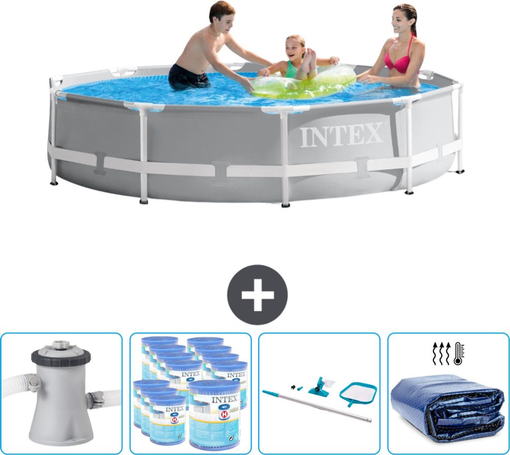 Intex Round Prism Frame Swimming Pool – 305 x 76 cm – Grau – inklusive Pumpe Filter - Reinigungskit - Sonnensegel