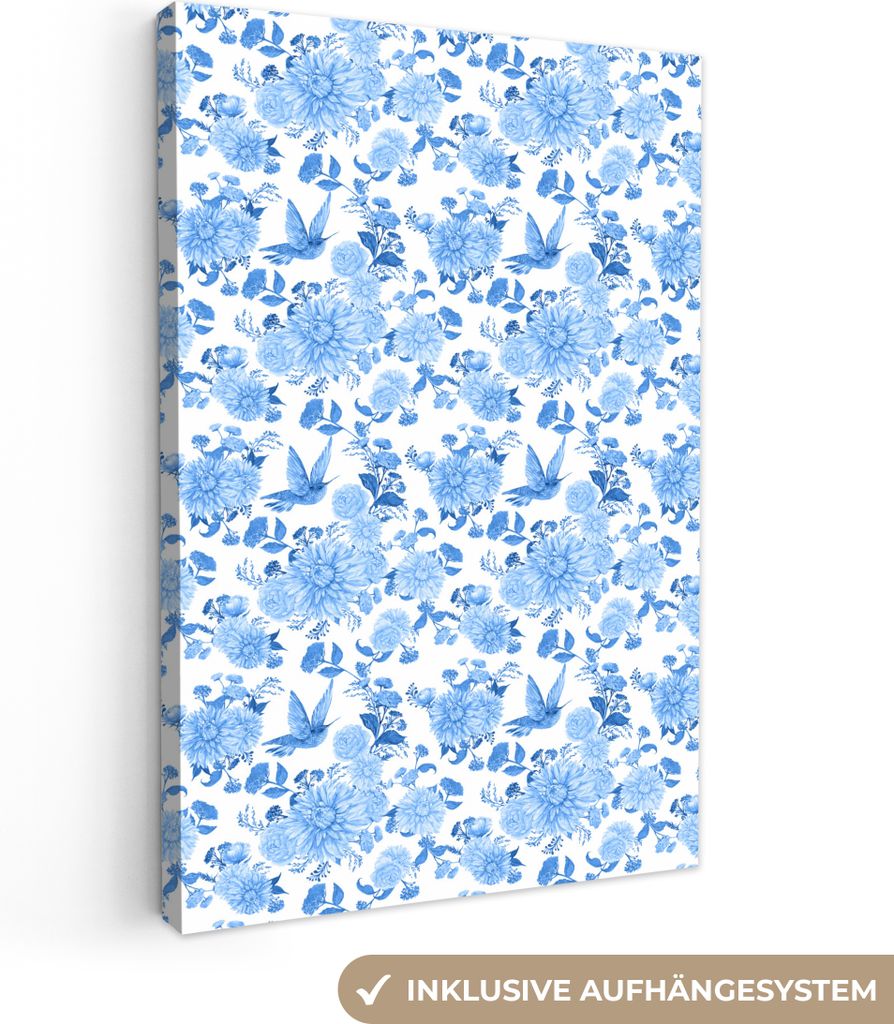 OneMillionCanvasses - Leinwandbilder - 90x140 cm, Blumen - Rosen - Vögel - Blau, Wandbilder Kunstdruck Wanddekoration - Wandschmucke - Schlafzimmer