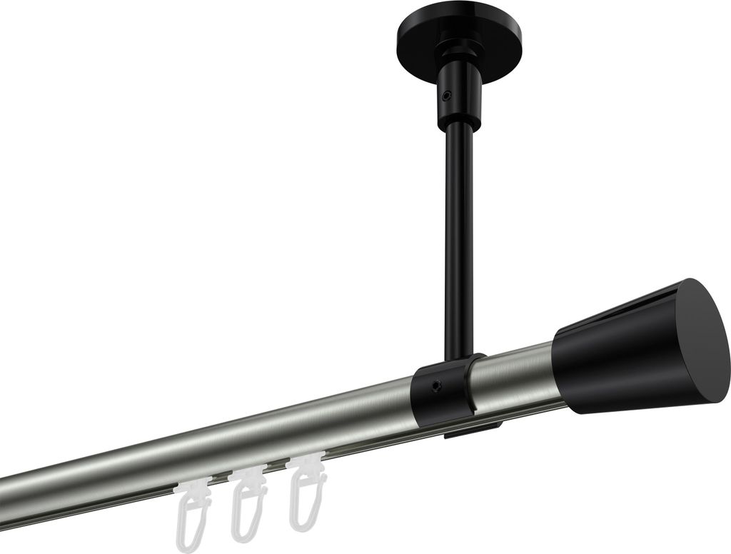 Interdeco Innenlaufstange / Gardinenstange mit Innenlauf Edelstahl-Optik / Schwarz, Typ Sonette Sitra (Konus) Deckenmontage, 20 mm Ø 1-läufig, 12...
