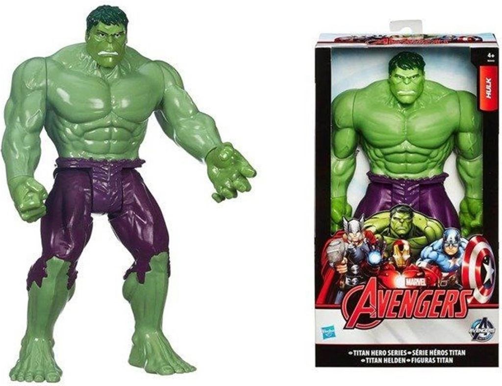 A Hulk action figure is shown next to its packaging, which features other Avengers characters.