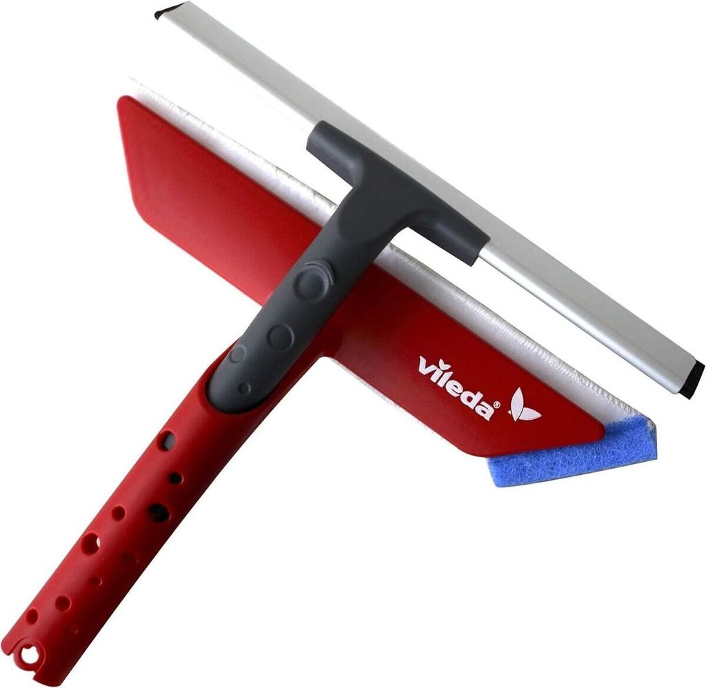 A Vileda window cleaner with a red handle and a silver squeegee blade.