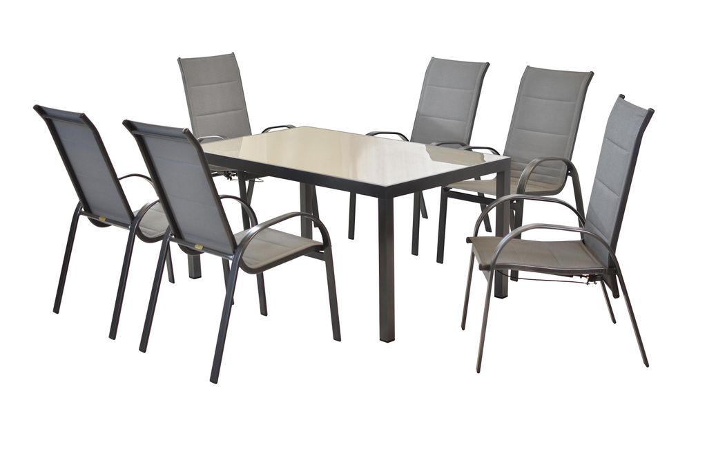 Merxx Gartenmöbel Set Amalfi 7tlg., 4 Stapelsessel, 2 Gasdrucksessel, 1 Tisch 150 x 80 cm - Aluminium/Textil