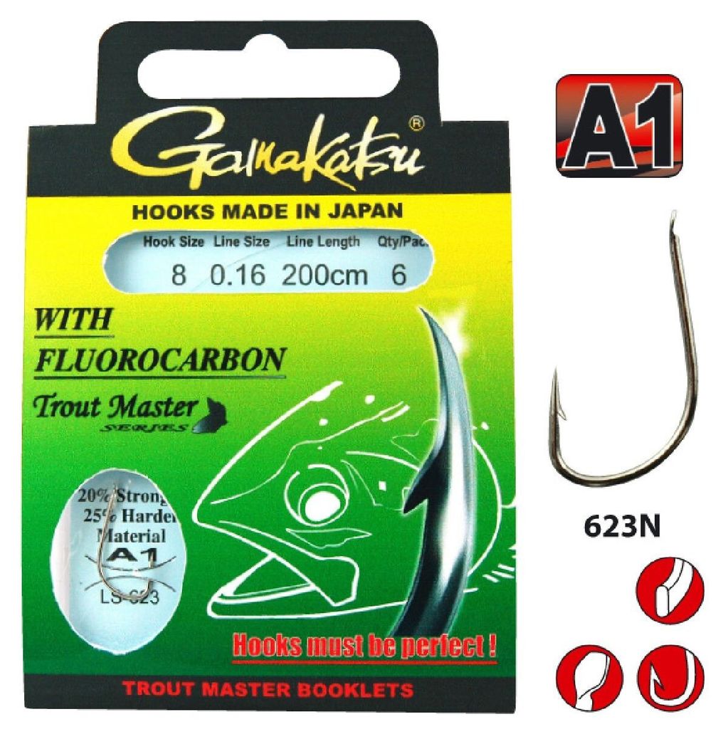 Gamakatsu Trout Master Fluorocarbon 623N #10-0,14mm 100cm Forellenhaken mit Vorfach