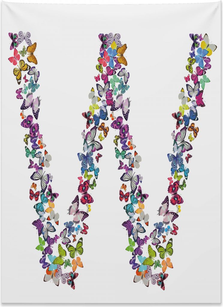 Abakuhaus Buchstabe w Wandteppich, Schmetterlinge Mädchen Schriftart aus Weiches Mikrofaser Stoff Kein Verblassen Klare Farben Waschbar, 110 x 150...