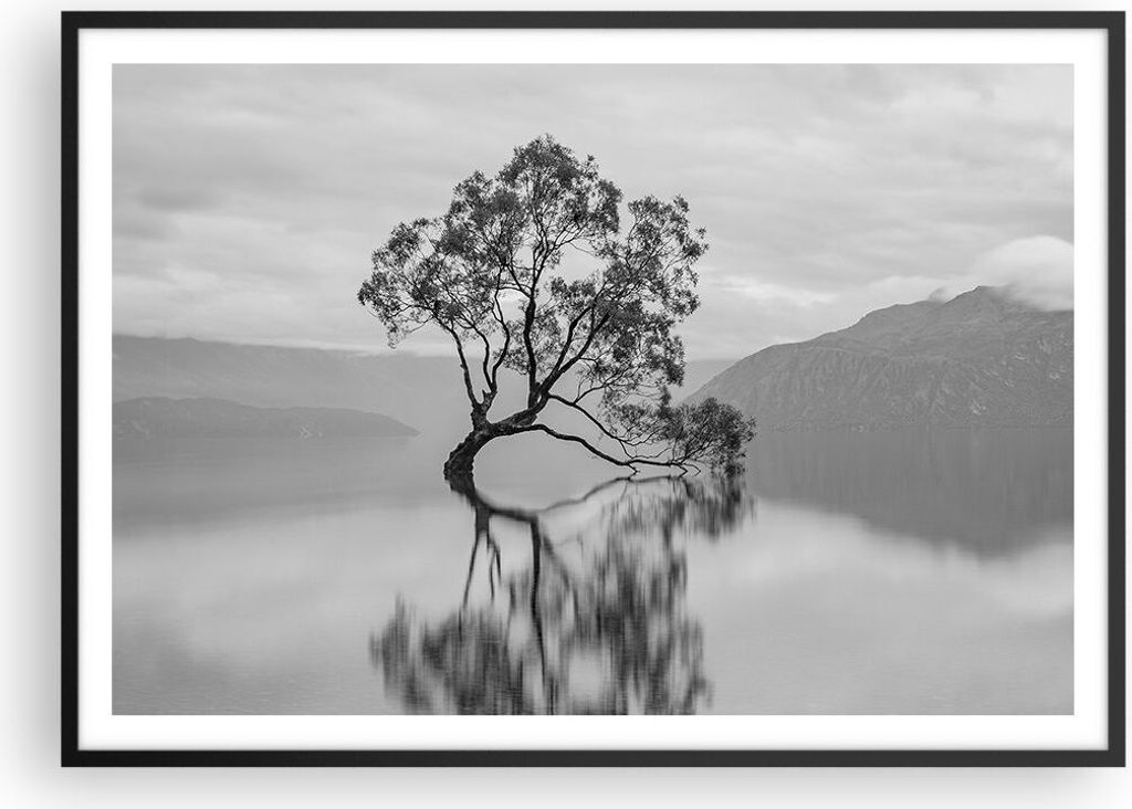 Gerahmtes Poster - Schwarzer Rahmen - Baum Symmetrie See - 100x70 cm - Wand Bild - Wanddeko - Wandbilder - Kunstposter - Wandposter - Bilderrahmen ...