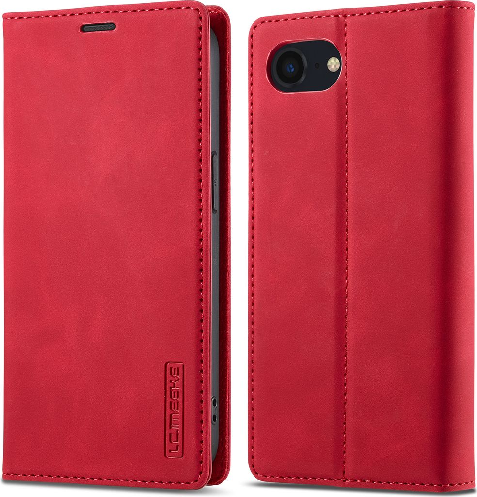 A red leather phone case is shown from two angles, one closed and one open, revealing the phone inside.