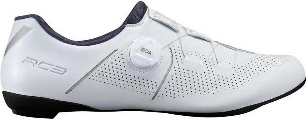 A white cycling shoe with a black sole and a gray accent on the heel.