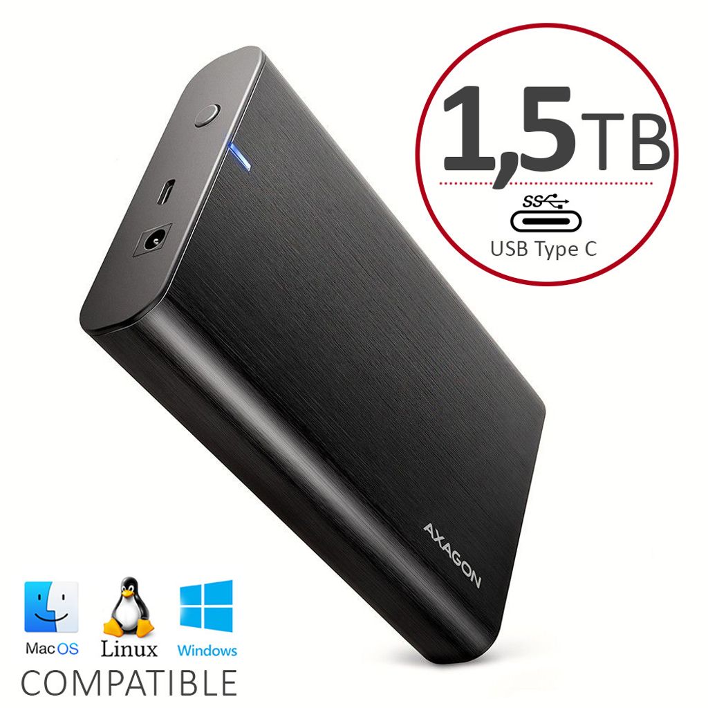 A black external hard drive with branding and compatibility icons.