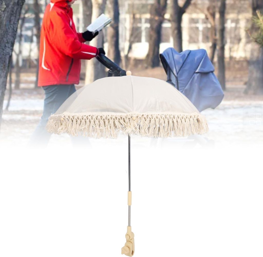 Kinderwagen-Sonnenschutz, UV-blockierend, verstellbarer Winkel, Klemmbefestigung, Universal-Sonnenschirm für Strandkorb, Kinderwagen, Beige