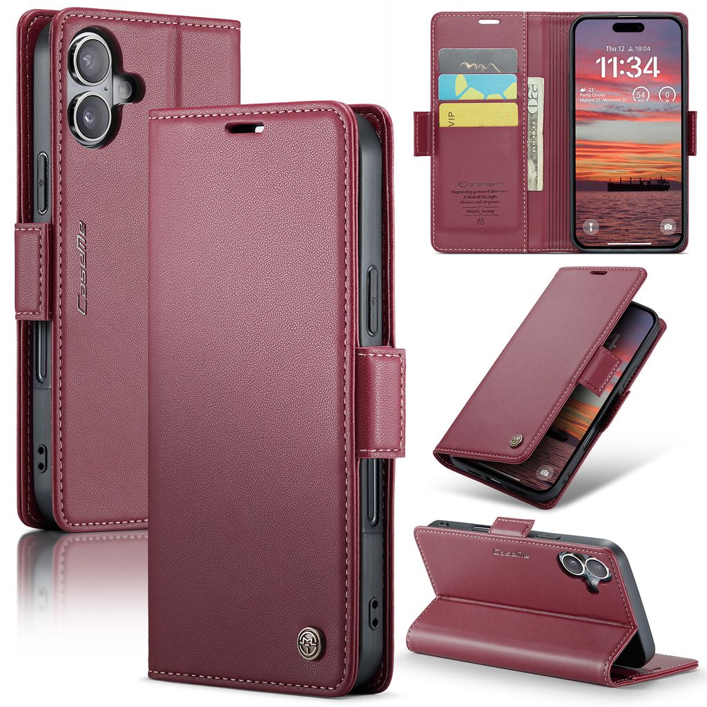 Lederhülle für iPhone 16 Plus Brieftasche Kartenfach Schutzhülle mit Standfunktion Rot