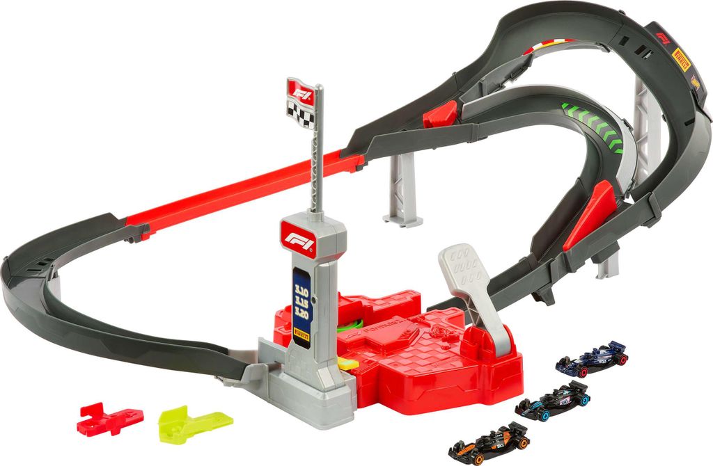 Mattel Hot Wheels Racing Formel 1 Rennstrecke-Trackset mit 3 Die-Cast Spielzeugautos im Maßstab 1:64