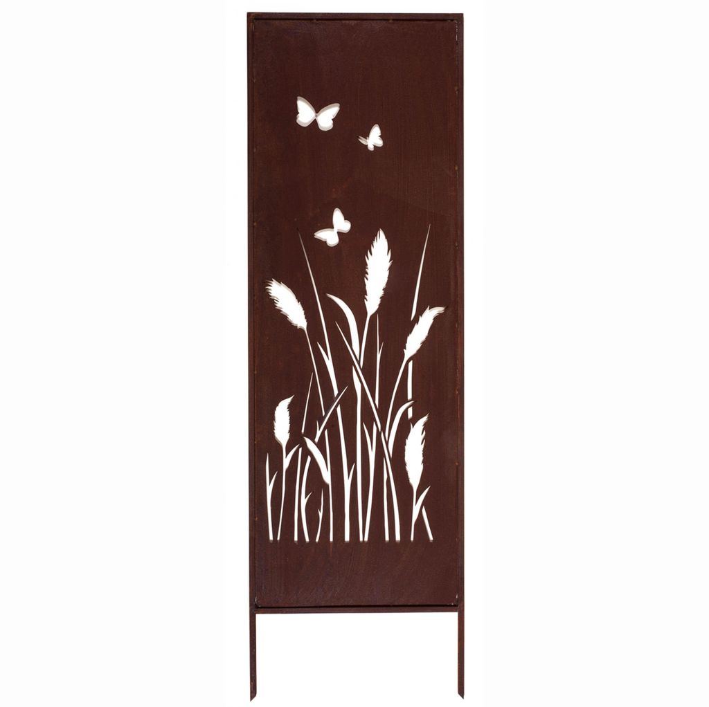 A decorative garden panel with a cut-out design of wildflowers and butterflies.