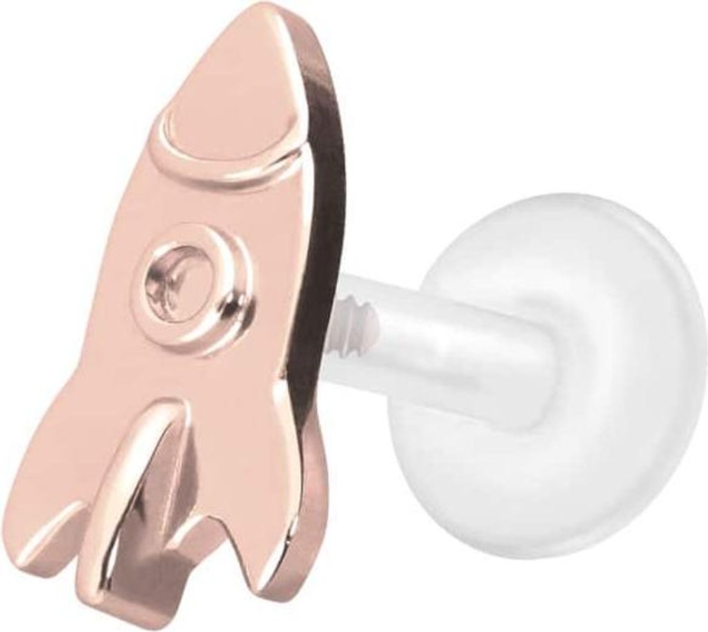 Ohrpiercing, Nasenpiercing PTFE Labret mit Innengewinde + Titan-Aufsatz RAKETE RoséGold Stablänge: 5mm | Stabstärke: 1,2mm